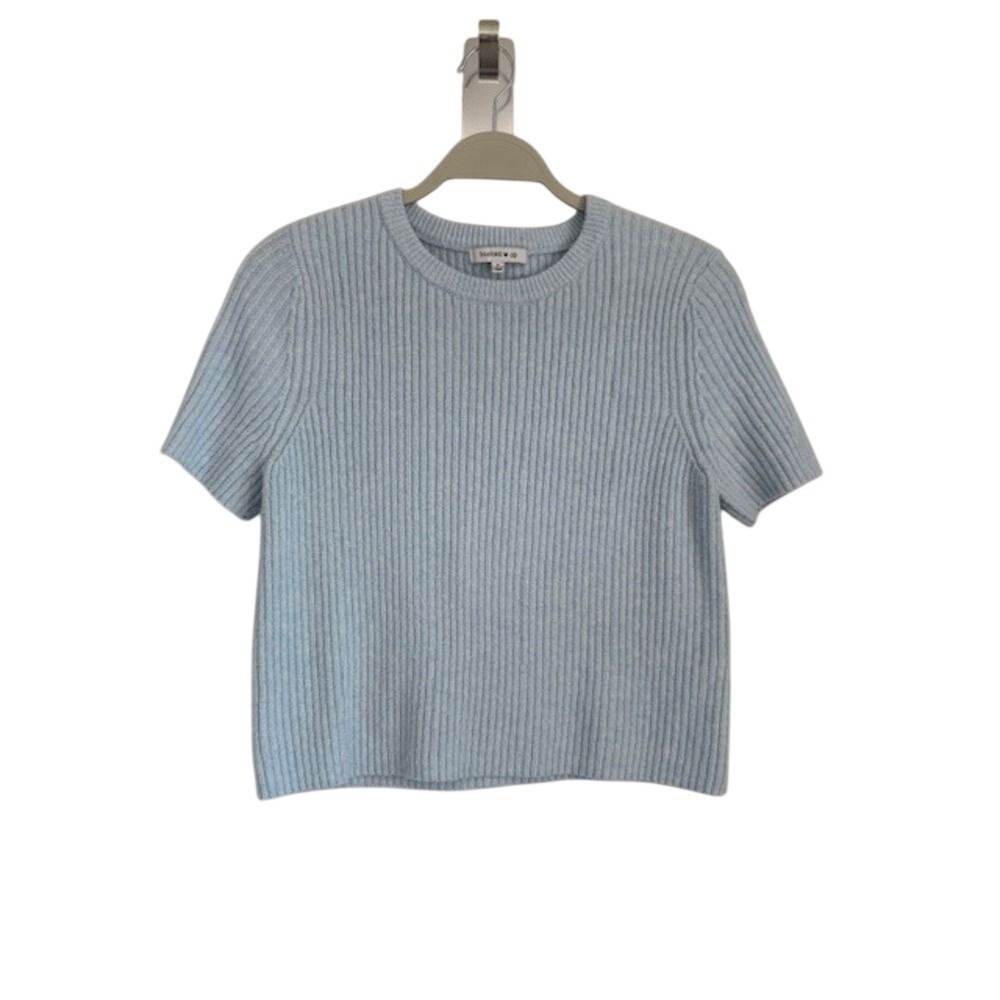 Hooked Up Women Light Blue Ribbed Knit Short Sleeve Crew Neck Sweater Size L